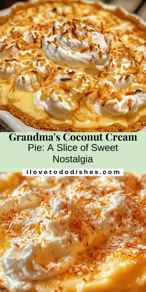 Experience the magic of Grandma's Irresistible Coconut Cream Pie, a classic dessert that brings warmth and nostalgia to every bite. This pie features a creamy custard, sweetened shredded coconut, and a fluffy whipped cream topping, all held together by a buttery crust. Perfect for family gatherings or cozy dinners, this recipe is rich in flavor and tradition, forming cherished memories that last a lifetime. Bake it to bring everyone together! #CoconutCreamPie #GrandmasRecipe #DessertLove #BakingTradition #FamilyFavorites