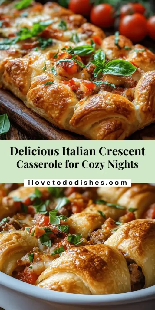 Discover the comforting flavors of the Italian Crescent Casserole, a delightful dish perfect for family dinners and gatherings. This easy recipe combines flaky crescent rolls, savory Italian sausage, fresh vegetables, and gooey cheese for a meal that's sure to please everyone. It's simple to prepare and even easier to enjoy! Your next favorite casserole awaits! #ItalianCrescentCasserole #ComfortFood #EasyRecipes #FamilMeals #HomeCooking #ItalianCuisine #CasseroleLove