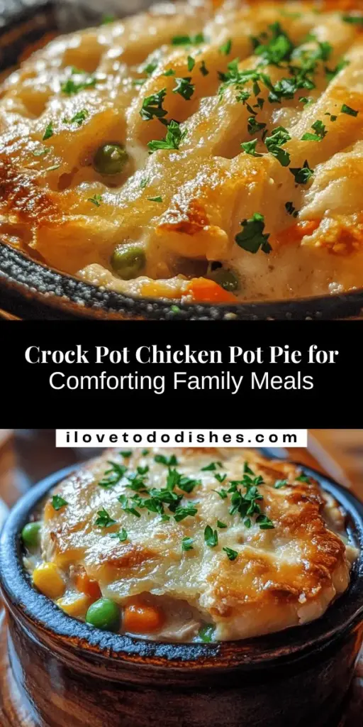 Discover the ultimate comfort food with this mouthwatering Crock Pot Chicken Pot Pie recipe! Slow-cooked to perfection, it's packed with tender chicken, vibrant vegetables, and a creamy sauce, all wrapped in a flaky crust. Perfect for cozy dinners any time of the year, this dish brings warmth and nostalgia to your table. Easy to prepare and customizable to your taste, it’s sure to become a family favorite. Try it today! #ChickenPotPie #CrockPotRecipes #ComfortFood #EasyDinner #FamilyMeal #HomeCooking