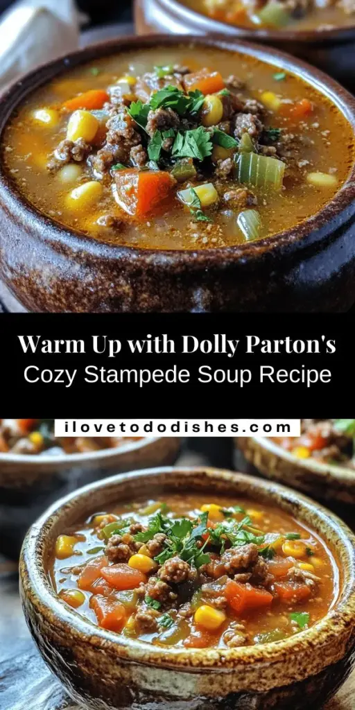 Discover the heartwarming recipe for Dolly Parton’s Stampede Soup, a comforting Southern classic that brings family and friends together. This delicious soup combines ground beef, fresh vegetables, tomatoes, and spices for a rich, flavorful experience. Easy to prepare, it's perfect for busy weeknights or cozy gatherings. Warm your soul and create lasting memories with every bowl! #DollyParton #SoupRecipe #ComfortFood #SouthernCooking #FamilyMeal #CookingAtHome #Foodie