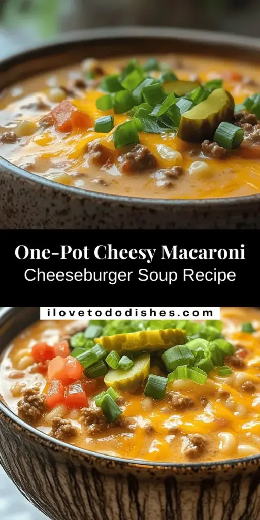 Discover the ultimate comfort food with Cheesy Bliss: One-Pot Macaroni Cheeseburger Soup! This easy recipe combines the flavors of cheeseburgers and creamy macaroni into a hearty soup, perfect for busy weeknights or cozy gatherings. With minimal cleanup and endless flavor adaptations, it's a family favorite that you can whip up in just 30 minutes. Enjoy a warm, nourishing bowl that brings everyone together! #ComfortFood #OnePotMeals #MacaroniSoup #FamilyDinner #QuickRecipes #CookingAtHome