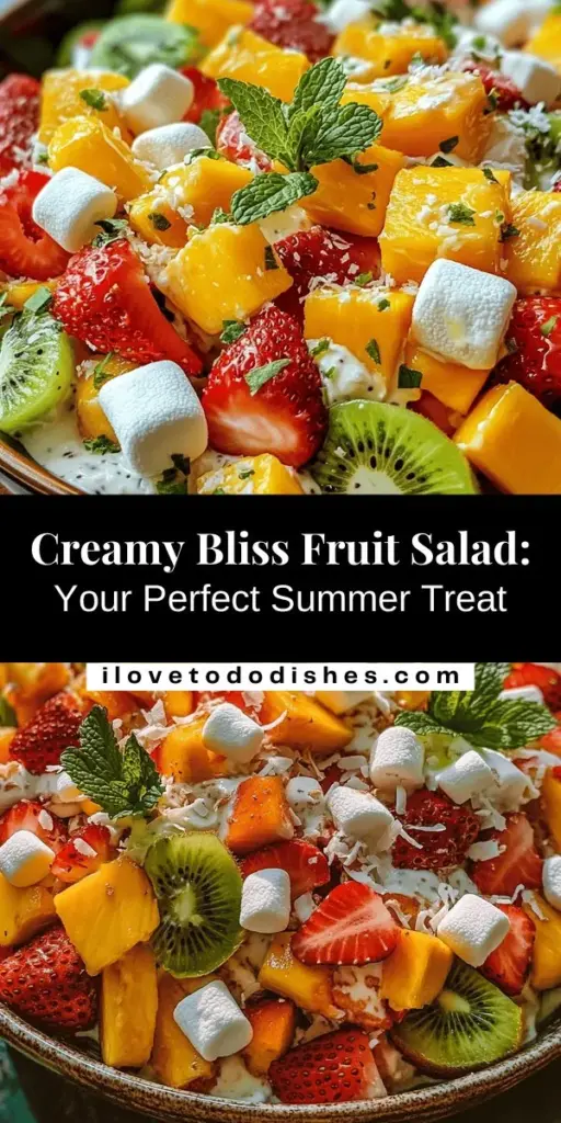 Enjoy the refreshing taste of summer with our Creamy Bliss Fruit Salad! This delightful dish combines strawberries, mangoes, kiwis, and pineapple in a creamy Greek yogurt dressing, making it a perfect choice for picnics, gatherings, or as a healthy dessert. Packed with nutrients and flavors, it's easy to customize for any occasion. Discover the joy of vibrant colors and delicious taste in every bite! #FruitSalad #HealthyRecipes #SummerFood #YummyDessert #FreshFruits #CreamyTreats