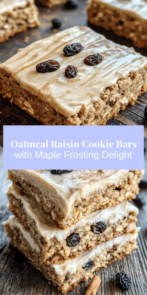 Indulge in the nostalgic flavors of Oatmeal Raisin Cookie Bars with Maple Cinnamon Frosting! These easy-to-make bars blend hearty oats, sweet raisins, and a creamy maple frosting for a comforting treat. Perfect for gatherings or a cozy night in, they offer a delightful twist on the classic cookie. Enjoy the chewy texture and rich flavors that will keep everyone coming back for more! #OatmealRaisinCookies #CookieBars #Baking #Desserts #SweetTreats #ComfortFood #MapleCinnamonFrosting