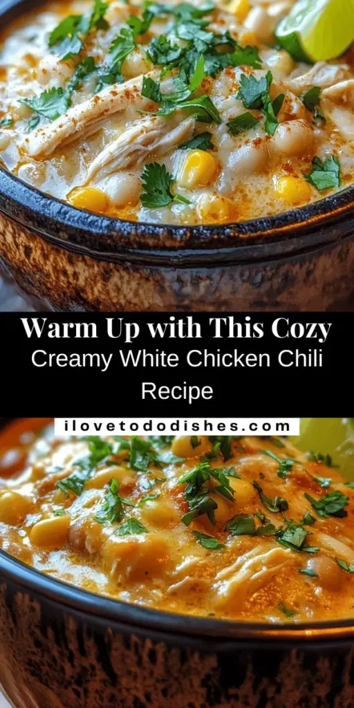 Warm up your evenings with this Cozy Creamy White Chicken Chili that combines tender chicken, creamy textures, and a delightful blend of spices. Enjoy a comforting bowl that's perfect for family gatherings or cozy nights in. With health benefits from white beans and lean chicken, this recipe is as nutritious as it is delicious. Try it out and savor the rich flavors! #WhiteChickenChili #ComfortFood #HealthyRecipes #ChiliRecipe #CozyMeals #HomemadeCooking