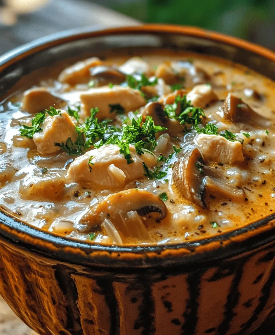 When the chill of winter sets in, there's nothing quite like a warm bowl of soup to bring comfort and nourishment. <strong>Creamy Mushroom Chicken and Wild Rice Soup</strong> stands out as a beloved choice for cold weather, meal prepping, or family gatherings. This hearty dish combines tender chicken, earthy mushrooms, and nutty wild rice, enveloped in a rich, creamy broth that warms the soul. Each spoonful offers a delightful blend of flavors and textures, making it a satisfying meal that everyone will love.” /></p>
</p>
<h3>Chicken Cooking Techniques</h3>
</p>
<p>When preparing Creamy Mushroom Chicken and Wild Rice Soup, the chicken is a star ingredient that requires careful attention to achieve the best texture and flavor. To ensure your chicken is cooked through yet remains tender, consider the following techniques:</p>
</p>
<p>1. <strong>Choosing the Right Cut</strong>: Opt for boneless, skinless chicken breasts or thighs. Thighs tend to be more forgiving in terms of moisture retention. If using breasts, consider marinating them briefly in olive oil, lemon juice, and spices to enhance moisture.</p>
</p>
<p>2. <strong>Searing for Flavor</strong>: Start by searing the chicken in a hot pot or Dutch oven with a bit of olive oil. This locks in juices and creates a flavorful crust. Cook the chicken for about 5-7 minutes per side until golden brown. Avoid overcrowding the pan, as this can cause steaming rather than searing.</p>
</p>
<p>3. <strong>Cooking Through</strong>: After searing, reduce the heat and cover the pot. This technique allows the chicken to cook through gently, maintaining tenderness. Use a meat thermometer to check that the internal temperature reaches 165°F (75°C).</p>
</p>
<p>4. <strong>Resting Period</strong>: Once cooked, let the chicken rest for a few minutes before slicing or shredding. This allows the juices to redistribute, resulting in more succulent pieces of chicken in your soup.</p>
</p>
<h3>Rice Cooking Tips</h3>
</p>
<p>Wild rice is a key component of this soup, contributing both texture and nutrition. However, it requires careful monitoring to ensure perfect doneness. Here are some tips:</p>
</p>
<p>1. <strong>Rinsing the Rice</strong>: Before cooking, rinse the wild rice under cold water. This removes excess starch, preventing the soup from becoming gummy.</p>
</p>
<p>2. <strong>Water Ratio</strong>: The ideal ratio is typically 1 cup of wild rice to 3-4 cups of water. Wild rice takes longer to cook than white rice, so plan for about 45-60 minutes of simmering.</p>
</p>
<p>3. <strong>Monitoring Doneness</strong>: Taste the rice periodically to check for doneness. It should be tender yet still have a slight chew. If it’s not done but the liquid is evaporating, you can add more water as needed.</p>
</p>
<p>4. <strong>Adding to Soup</strong>: If you’re preparing the soup in advance, consider cooking the rice separately and adding it just before serving. This helps prevent the rice from absorbing too much liquid and becoming mushy.</p>
</p>
<h3>Cream Incorporation</h3>
</p>
<p>Adding cream to your soup is what gives it that luxurious, creamy texture. However, it’s essential to incorporate it properly to avoid curdling:</p>
</p>
<p>1. <strong>Temperature Control</strong>: Allow your soup to cool slightly before adding cream. If the soup is boiling, the sudden temperature change can cause the cream to curdle.</p>
</p>
<p>2. <strong>Gradual Addition</strong>: Pour in the cream slowly while stirring the soup continuously. This helps to temper the cream and integrate it smoothly without shocking it.</p>
</p>
<p>3. <strong>Use Heavy Cream</strong>: For the best results, use heavy cream or half-and-half, as these have a higher fat content that is less likely to curdle compared to lighter creams or milk.</p>
</p>
<h3>Seasoning Adjustments</h3>
</p>
<p>Seasoning is crucial to enhancing the flavors of your Creamy Mushroom Chicken and Wild Rice Soup. Here are some strategies for effective seasoning:</p>
</p>
<p>1. <strong>Layering Flavors</strong>: Season each component of the soup as you go. This means adding salt and pepper to the chicken while it cooks, and again adjusting seasoning once the vegetables and broth are added.</p>
</p>
<p>2. <strong>Taste as You Go</strong>: Always taste the soup before serving. This is your opportunity to adjust flavors. If it tastes bland, a pinch of salt or a splash of lemon juice can brighten it up. Remember, you can always add more, but it’s harder to take away.</p>
</p>
<p>3. <strong>Fresh Herbs</strong>: Incorporate fresh herbs, such as thyme or parsley, towards the end of cooking. This preserves their delicate flavors and adds a fresh note to the soup. Dried herbs can be added earlier in the cooking process.</p>
</p>
<h3>Serving Suggestions</h3>
</p>
<p>Once your Creamy Mushroom Chicken and Wild Rice Soup is ready, it’s time to serve it up. Here are some ideas to enhance your dining experience:</p>
</p>
<h4>Accompaniments</h4>
</p>
<p>– <strong>Crusty Bread</strong>: A warm, crusty loaf of bread is perfect for dipping into the soup. Consider options like sourdough or a hearty whole-grain bread.</p>
</p>
<p>– <strong>Green Salad</strong>: Pair the soup with a light green salad dressed in a simple vinaigrette. The freshness of the salad complements the richness of the soup.</p>
</p>
<p>– <strong>Cheese Platter</strong>: A small cheese platter with assorted cheeses can elevate the meal and impress your guests.</p>
</p>
<h4>Presentation Tips</h4>
</p>
<p>– <strong>Garnishing</strong>: A sprinkle of freshly chopped parsley or thyme on top of each bowl adds a pop of color and freshness. You can also drizzle a little extra cream for an elegant touch.</p>
</p>
<p>– <strong>Serve in Individual Bowls</strong>: Presenting the soup in individual bowls rather than a communal pot can create a more intimate dining experience.</p>
</p>
<p>– <strong>Use Colorful Bowls</strong>: Brightly colored bowls can enhance the visual appeal of your dish, making it more appetizing.</p>
</p>
<h3>Nutritional Information</h3>
</p>
<p>Understanding the nutritional value of your Creamy Mushroom Chicken and Wild Rice Soup can help you enjoy it guilt-free. Here’s a breakdown per serving:</p>
</p>
<p>– <strong>Caloric Content</strong>: Approximately 350-400 calories per serving, depending on the amount of cream used and portion size.</p>
</p>
<p>– <strong>Macros Breakdown</strong>:</p>
<p>– <strong>Protein</strong>: About 25-30g, primarily from chicken and wild rice.</p>
<p>– <strong>Fats</strong>: Roughly 15-20g, mainly from the cream.</p>
<p>– <strong>Carbohydrates</strong>: Approximately 30-35g, coming from wild rice and vegetables.</p>
</p>
<p>– <strong>Vitamins and Minerals</strong>: This soup is rich in iron, vitamin A, and several B vitamins thanks to the mushrooms and chicken. The inclusion of vegetables adds fiber and essential nutrients, making it a well-rounded meal.</p>
</p>
<h3>Variations and Customizations</h3>
</p>
<p>One of the great aspects of Creamy Mushroom Chicken and Wild Rice Soup is its versatility. Here are some variations and customizations to suit dietary preferences or ingredient availability:</p>
</p>
<h4>Vegetarian/Vegan Options</h4>
</p>
<p>– <strong>Substituting Chicken</strong>: For a vegetarian version, replace the chicken with hearty vegetables like mushrooms, zucchini, and bell peppers. You can also use firm tofu or tempeh for added protein.</p>
</p>
<p>– <strong>Cream Alternatives</strong>: Use coconut cream or cashew cream in place of heavy cream for a vegan-friendly alternative. These options will still provide a creamy texture without dairy.</p>
</p>
<h4>Additional Ingredients</h4>
</p>
<p>– <strong>Extra Vegetables</strong>: Feel free to add other vegetables such as carrots, celery, or spinach for more nutrients and texture.</p>
</p>
<p>– <strong>Different Grains</strong>: If wild rice isn’t available, consider using brown rice or quinoa as a base. Both options will alter the flavor slightly but still yield a satisfying result.</p>
</p>
<h4>Spice Level</h4>
</p>
<p>– <strong>Adjusting Heat</strong>: If you enjoy spicy food, consider adding a dash of cayenne pepper, hot sauce, or crushed red pepper flakes to the soup for a kick. Adjust according to your heat tolerance.</p>
</p>
<h3>Conclusion</h3>
</p>
<p>Creamy Mushroom Chicken and Wild Rice Soup is a heartwarming recipe that embodies comfort and nourishment. Its rich flavors, creamy texture, and the wholesome goodness of wild rice make it a versatile dish that you can enjoy year-round. Whether you’re looking for a cozy meal on a chilly evening or a dish to impress guests, this soup fits the bill perfectly.</p>
</p>
<p>Encourage your loved ones to try making this delightful soup at home. With its customizable nature, you can easily adapt the recipe to suit various dietary needs and preferences. Gather around the table, share this comforting meal, and make it a staple in your recipe collection. Enjoy the process of cooking, and savor each warm, flavorful spoonful!</p>
</div>