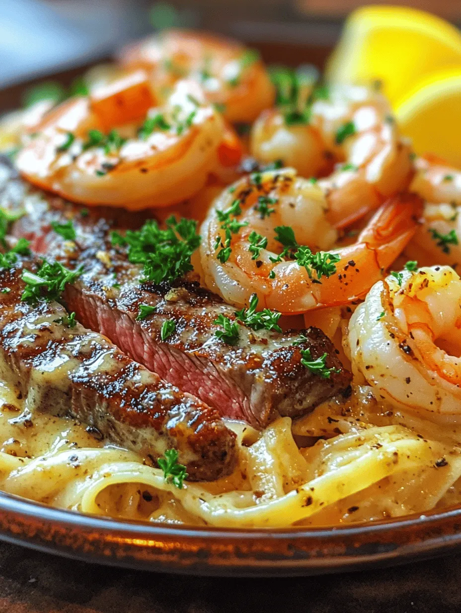 The culinary world is full of delightful combinations, but few are as enticing as the concept of Surf & Turf. This sophisticated pairing brings together the best of both land and sea, merging the rich flavors of steak with the delicate taste of seafood. Imagine sinking your fork into a sumptuous plate of fettuccine pasta, generously coated in a creamy Alfredo sauce, topped with perfectly seared ribeye steak and succulent shrimp. The Surf & Turf Alfredo Delight is not just a meal; it’s an experience that exudes luxury and indulgence.