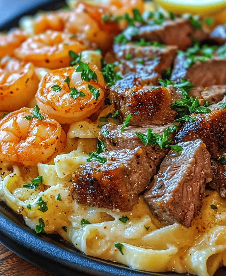 If you're seeking a dish that tantalizes the taste buds while providing a comforting and indulgent experience, look no further than Cajun Shrimp & Steak Alfredo. This remarkable fusion marries the richness of creamy Alfredo sauce with the bold, zesty flavors of Cajun spices. The result is a hearty meal that perfectly balances the savory tastes of succulent shrimp and tender steak, all served over a bed of al dente fettuccine pasta. Whether you're preparing a weeknight dinner or planning a special occasion, this dish is sure to impress.