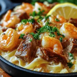 If you're seeking a dish that tantalizes the taste buds while providing a comforting and indulgent experience, look no further than Cajun Shrimp & Steak Alfredo. This remarkable fusion marries the richness of creamy Alfredo sauce with the bold, zesty flavors of Cajun spices. The result is a hearty meal that perfectly balances the savory tastes of succulent shrimp and tender steak, all served over a bed of al dente fettuccine pasta. Whether you're preparing a weeknight dinner or planning a special occasion, this dish is sure to impress.