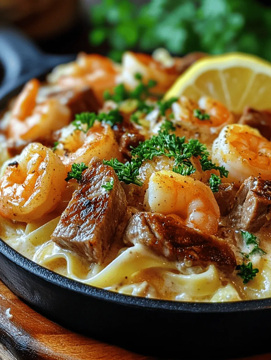 If you're seeking a dish that tantalizes the taste buds while providing a comforting and indulgent experience, look no further than Cajun Shrimp & Steak Alfredo. This remarkable fusion marries the richness of creamy Alfredo sauce with the bold, zesty flavors of Cajun spices. The result is a hearty meal that perfectly balances the savory tastes of succulent shrimp and tender steak, all served over a bed of al dente fettuccine pasta. Whether you're preparing a weeknight dinner or planning a special occasion, this dish is sure to impress.