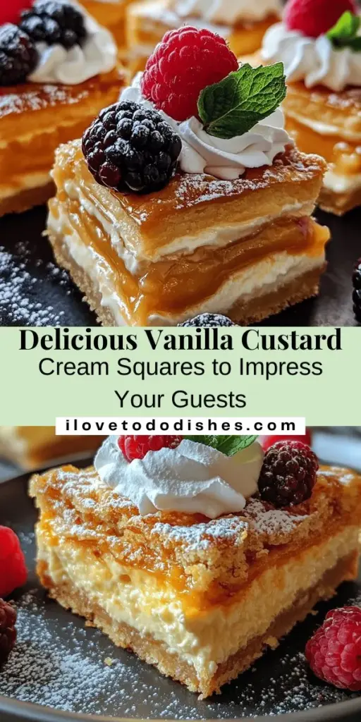 Indulge in the elegant simplicity of Vanilla Custard Cream Squares, a delightful dessert that's perfect for any occasion. This recipe features a smooth, rich custard layered atop a buttery, flaky crust, creating a harmonious blend of flavors and textures. With easy-to-follow steps and tips, you can master this treat that appeals to both kids and adults alike. Perfect for dinner parties or quiet evenings at home, these squares are sure to impress!