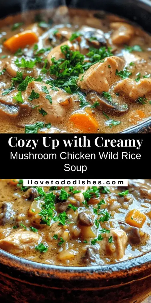 Warm up this winter with a comforting bowl of Creamy Mushroom Chicken and Wild Rice Soup! This hearty dish blends tender chicken, earthy mushrooms, and nutty wild rice in a rich, creamy broth, perfect for family gatherings or meal prepping. Packed with protein and fiber, it’s both satisfying and nourishing for your body. Discover the delightful flavors and textures of this beloved recipe that everyone will love! #Soup #ComfortFood #HealthyEating #WinterRecipes #MealPrep #ChickenSoup #Mushrooms #WildRice