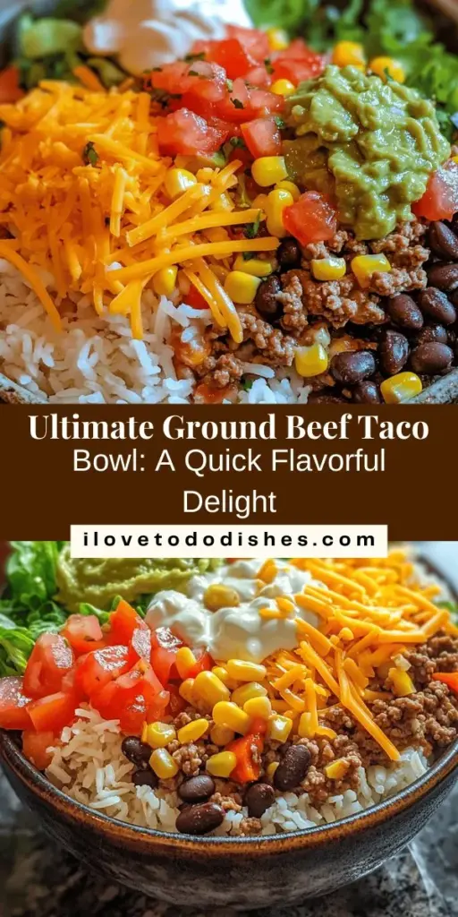 Discover the Ultimate Ground Beef Taco Bowl, a colorful and delicious meal perfect for busy nights or casual gatherings. This flavorful dish combines seasoned ground beef, fresh veggies, and creamy toppings like guacamole and sour cream, making it a crowd favorite. Easy to customize, it caters to all tastes while providing a balanced meal with protein, healthy fats, and essential nutrients. Explore the recipe and enjoy a taste of Mexico at home! #TacoBowl #GroundBeef #MexicanFood #QuickMeals #HealthyEating #Yummy #HomeCooking