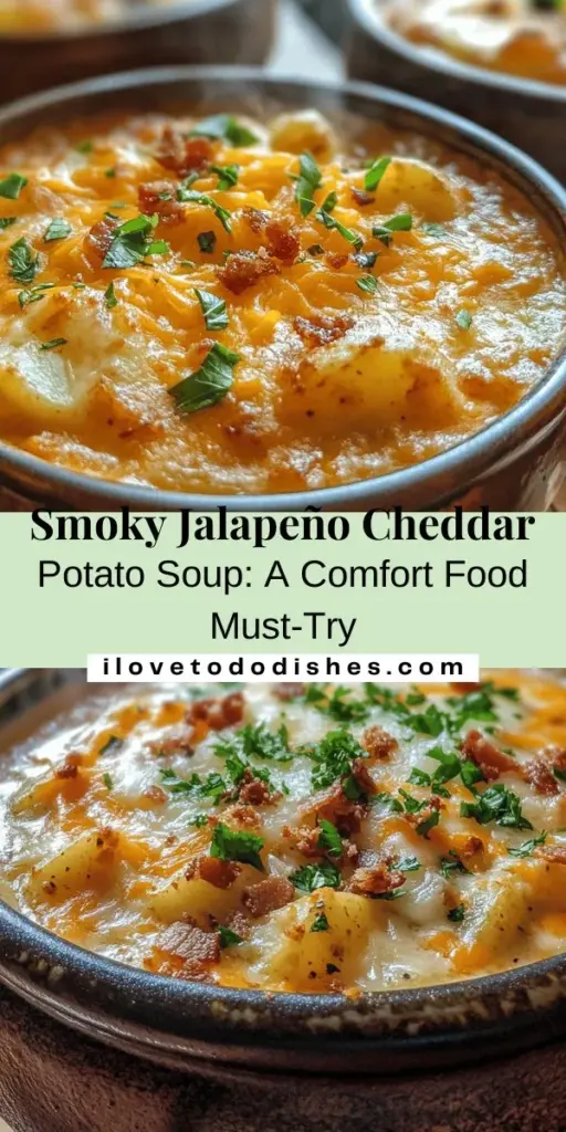 Warm up your evenings with a bowl of smoky jalapeño cheddar potato soup! This hearty dish combines creamy russet potatoes, aromatic spices, and zesty jalapeños for a perfect blend of comfort and flavor. Ideal for cozy family dinners or gatherings, this soup is sure to satisfy your cravings. Follow our simple guide to create this delightful dish and impress your guests with its irresistible taste and texture. #SoupRecipe #ComfortFood #FoodLovers #HomeCooking #JalapenoCheddar