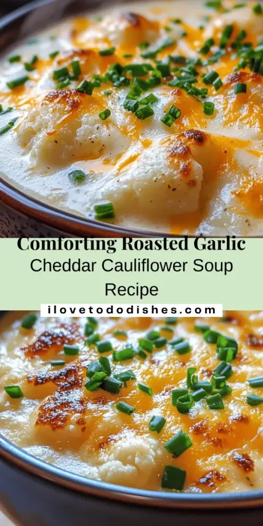 Discover the delightful warmth of Roasted Garlic Cheddar Cauliflower Soup! This creamy and comforting dish combines the rich flavors of roasted garlic and sharp cheddar, making it perfect for chilly evenings. Packed with nutrients from cauliflower and garlic, it's a healthy choice that doesn’t compromise on taste. Serve it as a starter or enjoy it with crusty bread for a satisfying meal. Try it today! #CauliflowerSoup #ComfortFood #PlantBased #HealthyEating #SoupSeason #RecipeIdeas #Foodie