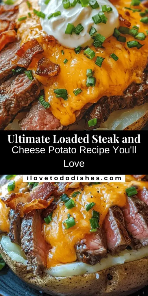 Savor the comfort of Loaded Steak and Cheese Baked Potatoes! This hearty dish features a fluffy russet potato stuffed with succulent steak, gooey cheddar cheese, crispy bacon, and a dollop of sour cream, topped off with fresh green onions. Perfect for family dinners or gatherings, this mouthwatering recipe is sure to impress. Customize it to your liking and enjoy every delicious bite! #BakedPotatoes #ComfortFood #SteakAndCheese #CookingAtHome #Foodie