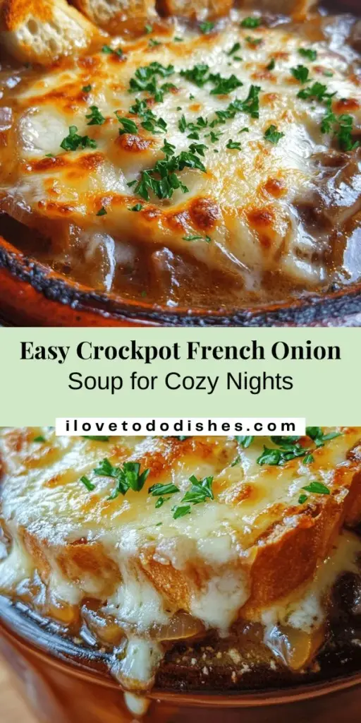 Warm your soul with Savory Crockpot French Onion Soup Delight! This easy-to-make recipe captures all the rich flavors of the classic dish, from caramelized onions to melty Gruyère cheese, simmered to perfection in your crockpot. Perfect for cozy gatherings or a comforting weeknight meal, this soup brings nostalgia and taste to your table. Customize with different cheeses or bread for a personal twist! #FrenchOnionSoup #CrockpotRecipes #ComfortFood #Foodie #SoupSeason