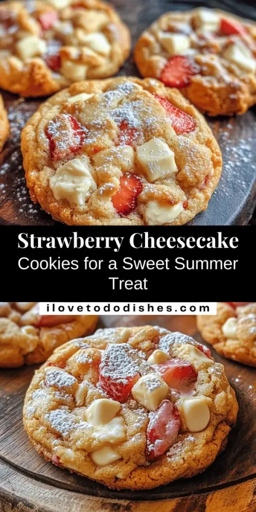 Satisfy your sweet cravings with these Strawberry Cheesecake Cookies, a scrumptious twist on the classic dessert! Soft, chewy, and filled with creamy cheesecake flavors, fresh strawberries, and white chocolate, they are perfect for any occasion. Easy to make and irresistibly delicious, these cookies bring a burst of summer joy to your kitchen. Bake them today and share the love! #StrawberryCookies #DessertLovers #BakingJoy #CookieRecipe #SweetTreats #HomemadeCookies