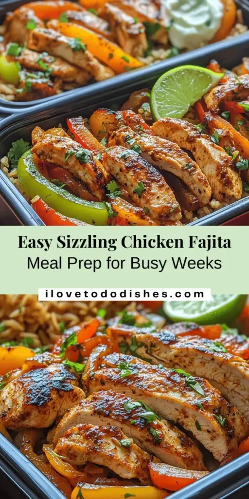 Get ready to simplify your week with this Sizzling Chicken Fajita Meal Prep! Packed with juicy marinated chicken, colorful bell peppers, and aromatic spices, this recipe is both delicious and nutritious. Perfect for busy lifestyles, meal prepping helps you maintain a balanced diet and avoid unhealthy food temptations. Customize it to fit your dietary preferences for even more options. Enjoy flavorful meals ready to go! #MealPrep #HealthyEating #ChickenFajitas #ConvenientCooking #FoodPrepIdeas #HealthyRecipes