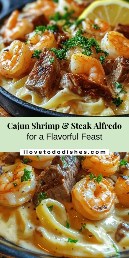 Indulge in a culinary adventure with Cajun Shrimp & Steak Alfredo! This dish combines creamy Alfredo sauce with zesty Cajun spices, luscious shrimp, and tender steak over perfectly cooked fettuccine. Perfect for weeknight dinners or special occasions, you'll impress your family and friends. Discover the secrets to making this restaurant-quality dish at home. Ready to savor this flavor-packed meal? #CajunCuisine #PastaLove #ShrimpAndSteak #Foodie #DinnerIdeas #CookingTips