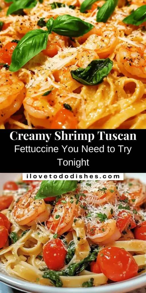 Indulge in the rich flavors of Creamy Shrimp Tuscan Fettuccine, a delightful blend of succulent shrimp, creamy sauce, and perfectly cooked fettuccine. This Italian-inspired dish celebrates fresh ingredients like cherry tomatoes, garlic, and spinach, promising a culinary experience that's both comforting and impressive. Perfect for any occasion, this recipe is sure to wow your guests! Discover the joy of home cooking with this delicious recipe. #ShrimpFettuccine #ItalianRecipes #PastaLovers #ComfortFood #SeafoodDishes