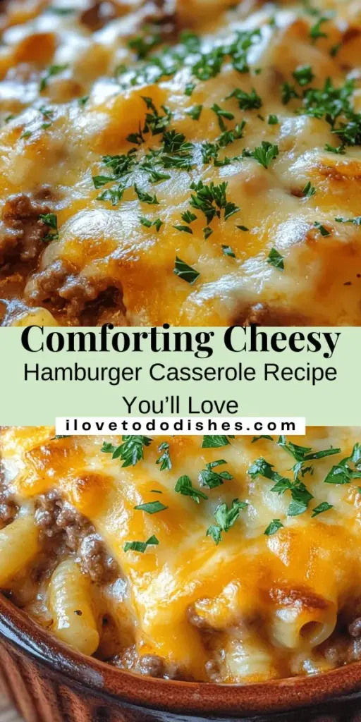 Indulge in the ultimate comfort food with this Cheesy Hamburger Casserole! This hearty one-pan meal combines ground beef, pasta, and a variety of flavorful ingredients, topped with gooey melted cheese. Perfect for busy weeknights or family gatherings, it’s sure to satisfy even the pickiest eaters. Discover the simple ingredients and step-by-step instructions to create this delicious dish. Your family will love it! #ComfortFood #Casserole #CheesyHamburger #FamilyDinner #EasyRecipes #HomeCooking #OnePanMeal