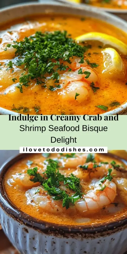 Indulge in a warm bowl of Crab and Shrimp Seafood Bisque, a culinary masterpiece that brings comfort and luxury together! With fresh crab, tender shrimp, and a creamy broth infused with aromatic vegetables and spices, this dish is perfect as a starter or a main course. Enjoy it on a cozy night or serve it at your next gathering. Explore this rich, velvety bisque and savor the flavors of the ocean! #SeafoodBisque #Crab #Shrimp #ComfortFood #RecipeIdeas #GourmetCooking