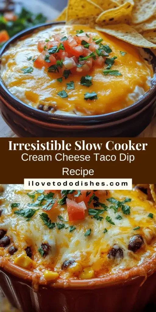 Get ready to impress your guests with this Slow Cooker Cream Cheese Taco Dip! This creamy, flavorful dip combines cream cheese, cheddar, black beans, and a kick of taco seasoning, making it a perfect party pleaser. It’s easy to prepare and keeps warm in the slow cooker, allowing you to enjoy the festivities worry-free. Pair it with tortilla chips or veggies for an irresistible appetizer everyone will love! #TacoDip #SlowCookerRecipes #PartyFood #Appetizers #CreamCheeseDip